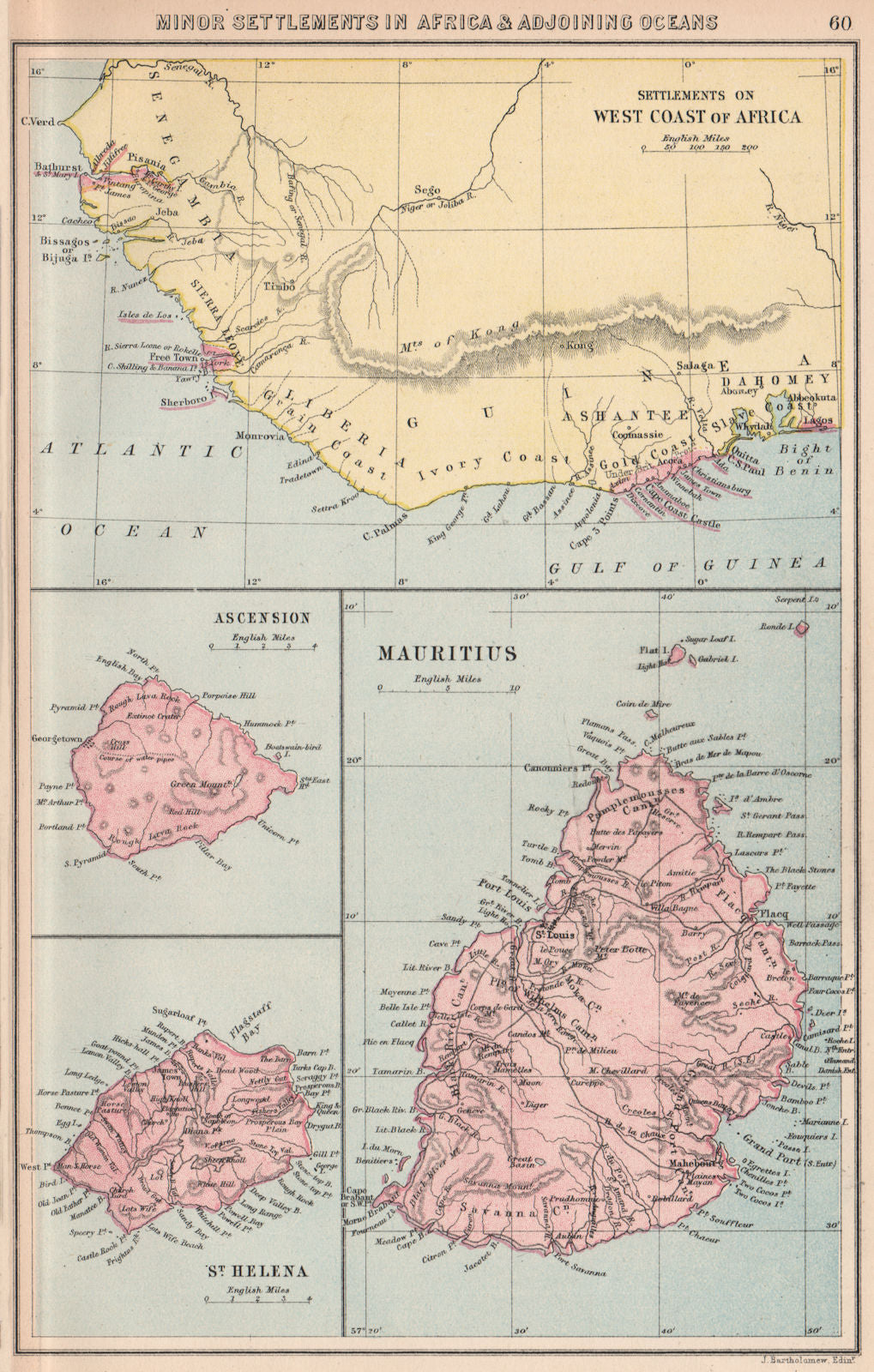 BRITISH AFRICAN COLONIES. West Africa Ascension St. Helena Mauritius 1878 map